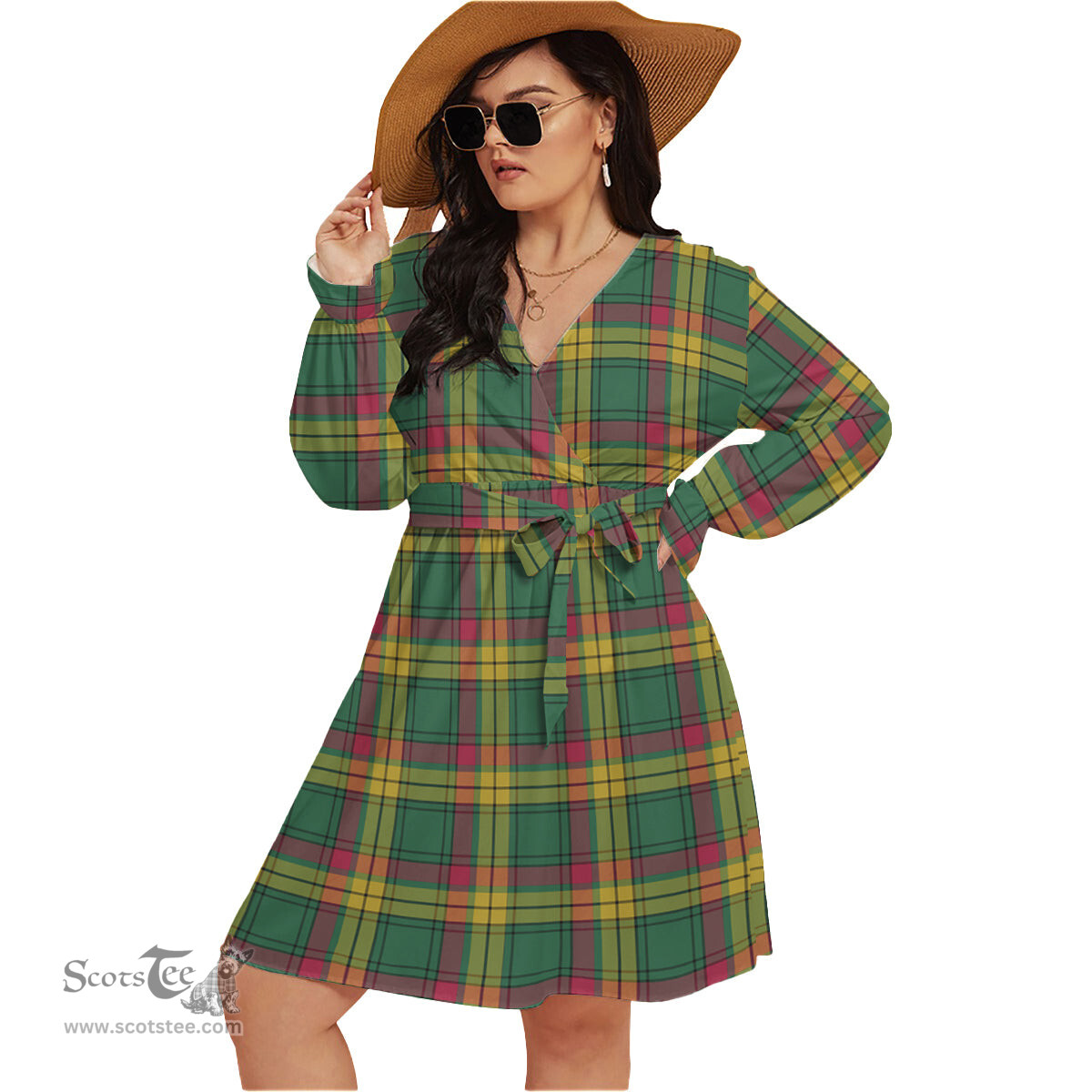 Scottish MacMillan Old Ancient Clan Tartan Womens V-neck Dress With Waistband Tartan Dress Plus Size