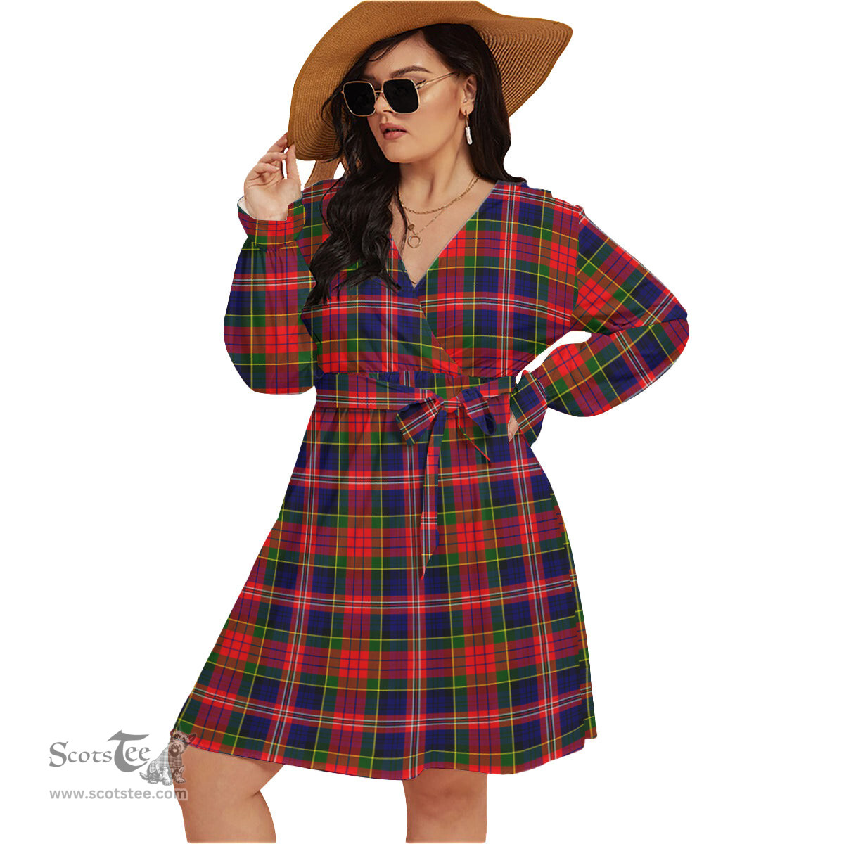 Scottish MacPherson Modern Clan Tartan Womens V-neck Dress With Waistband Tartan Dress Plus Size
