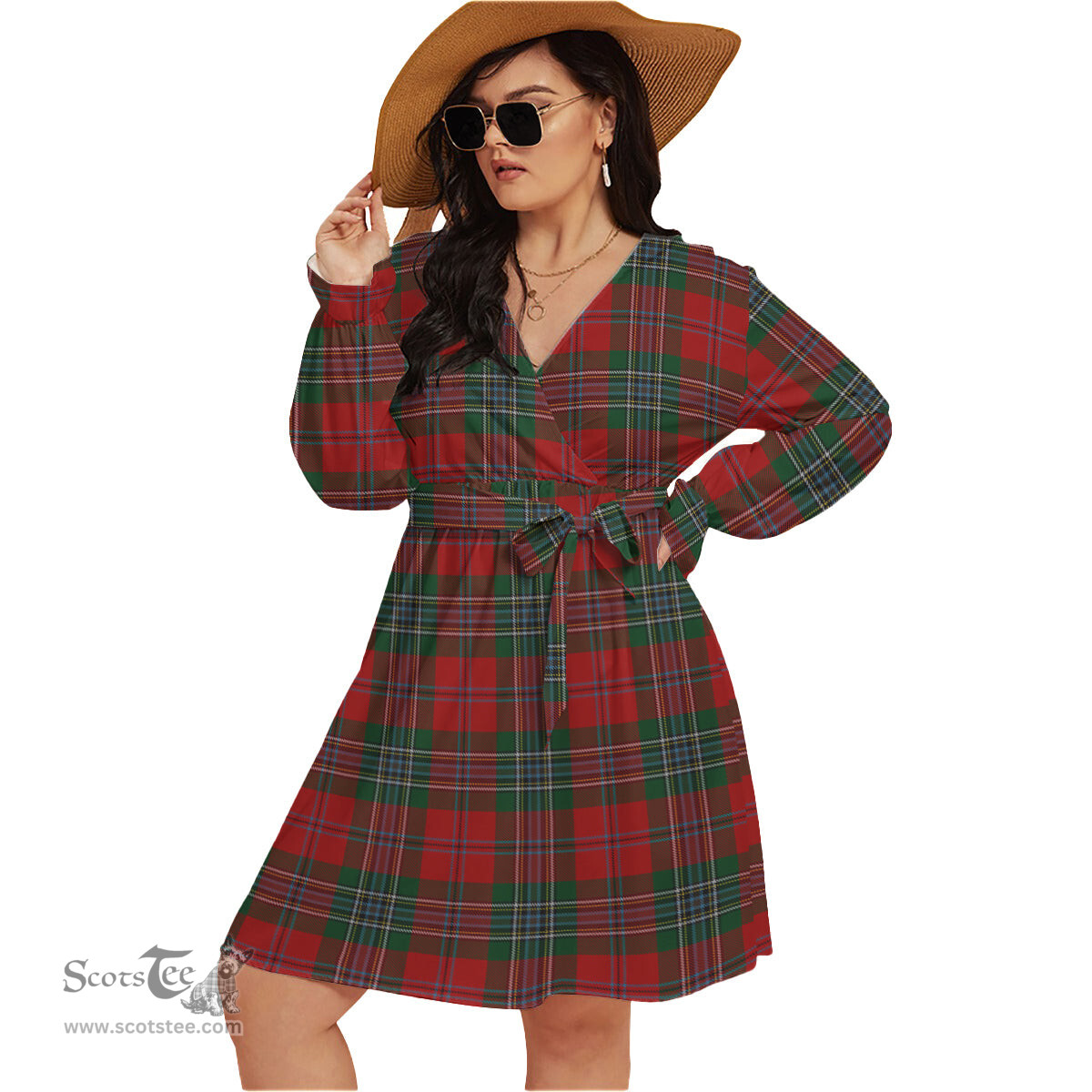 Scottish MacLean Clan Tartan Womens V-neck Dress With Waistband Tartan Dress Plus Size