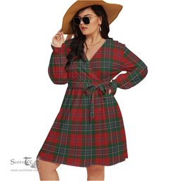 Scottish MacLean Clan Tartan Womens V-neck Dress With Waistband Tartan Dress Plus Size