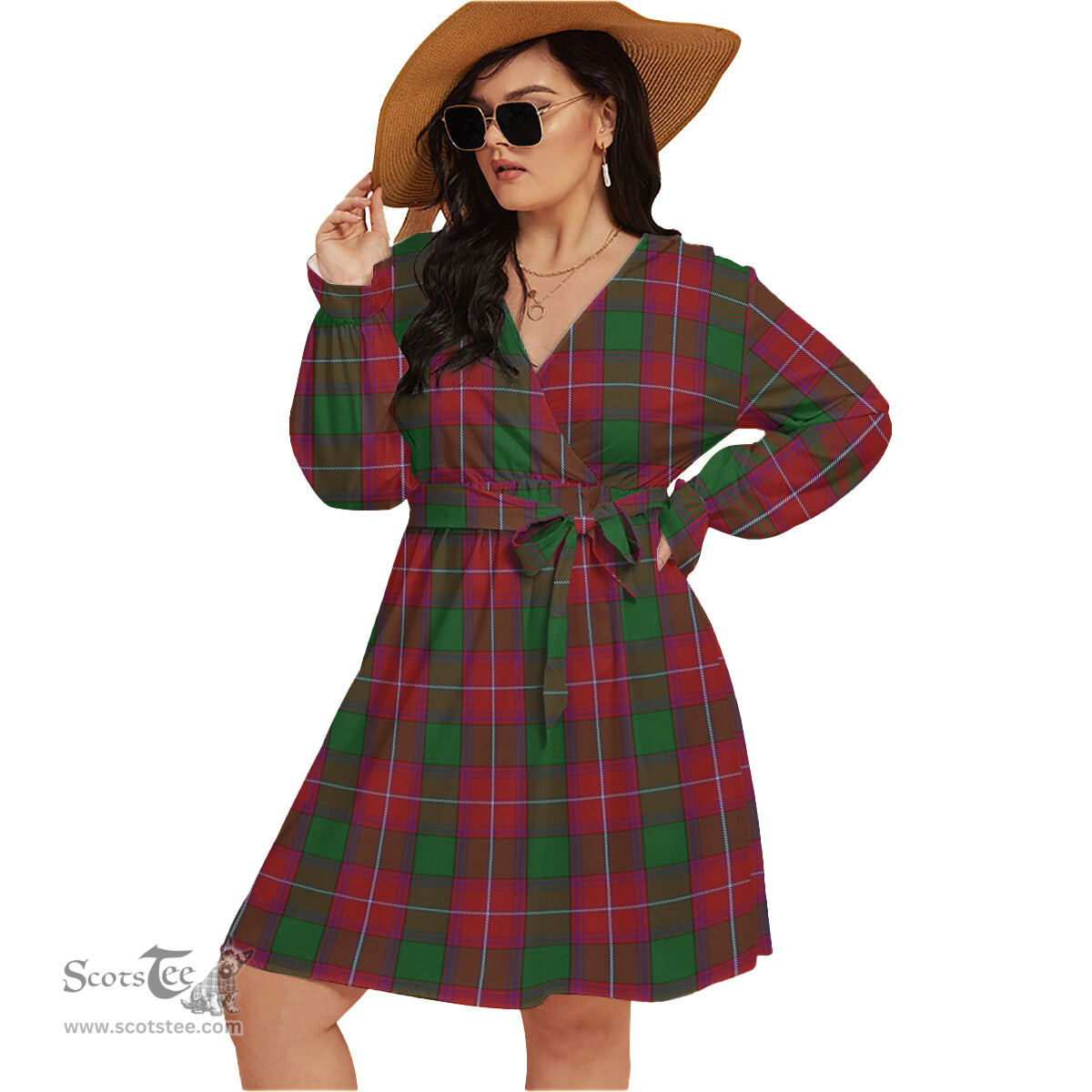 Scottish Rattray Clan Tartan Womens V-neck Dress With Waistband Tartan Dress Plus Size