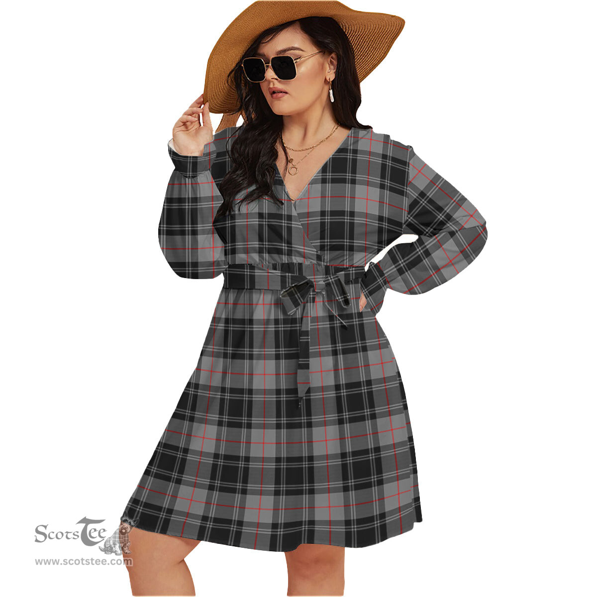 Scottish Moffat Modern Clan Tartan Womens V-neck Dress With Waistband Tartan Dress Plus Size
