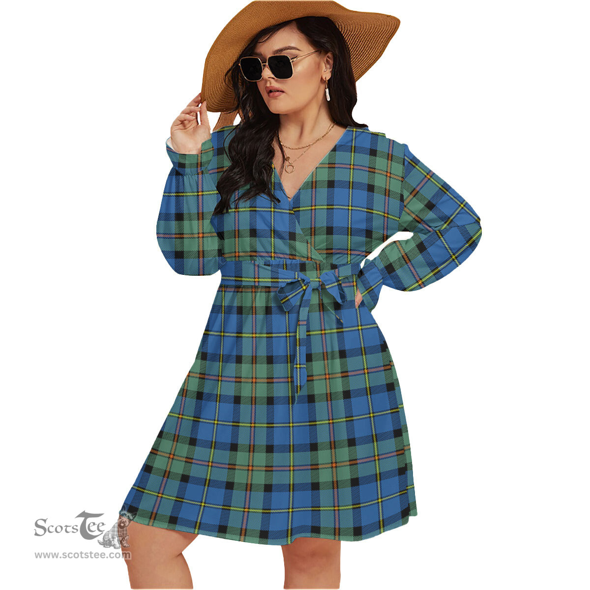 Scottish MacLeod of Harris Ancient Clan Tartan Womens V-neck Dress With Waistband Tartan Dress Plus Size