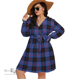 Scottish Maule Clan Tartan Womens V-neck Dress With Waistband Tartan Dress Plus Size