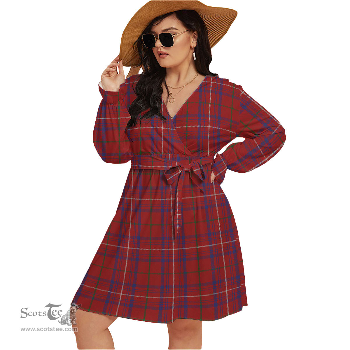 Scottish Rose Clan Tartan Womens V-neck Dress With Waistband Tartan Dress Plus Size