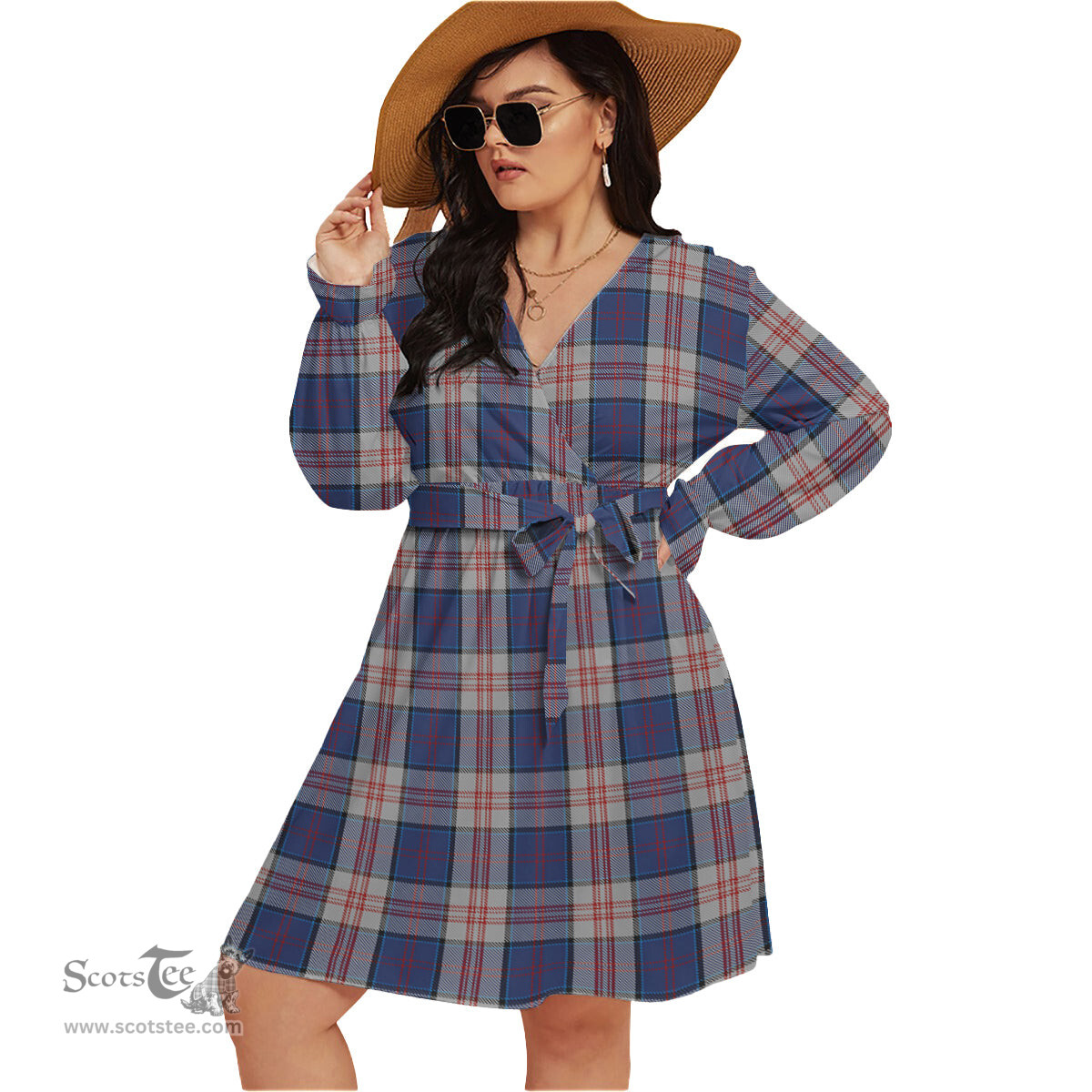Scottish Stewart of Appin Hunting Dress Clan Tartan Womens V-neck Dress With Waistband Tartan Dress Plus Size
