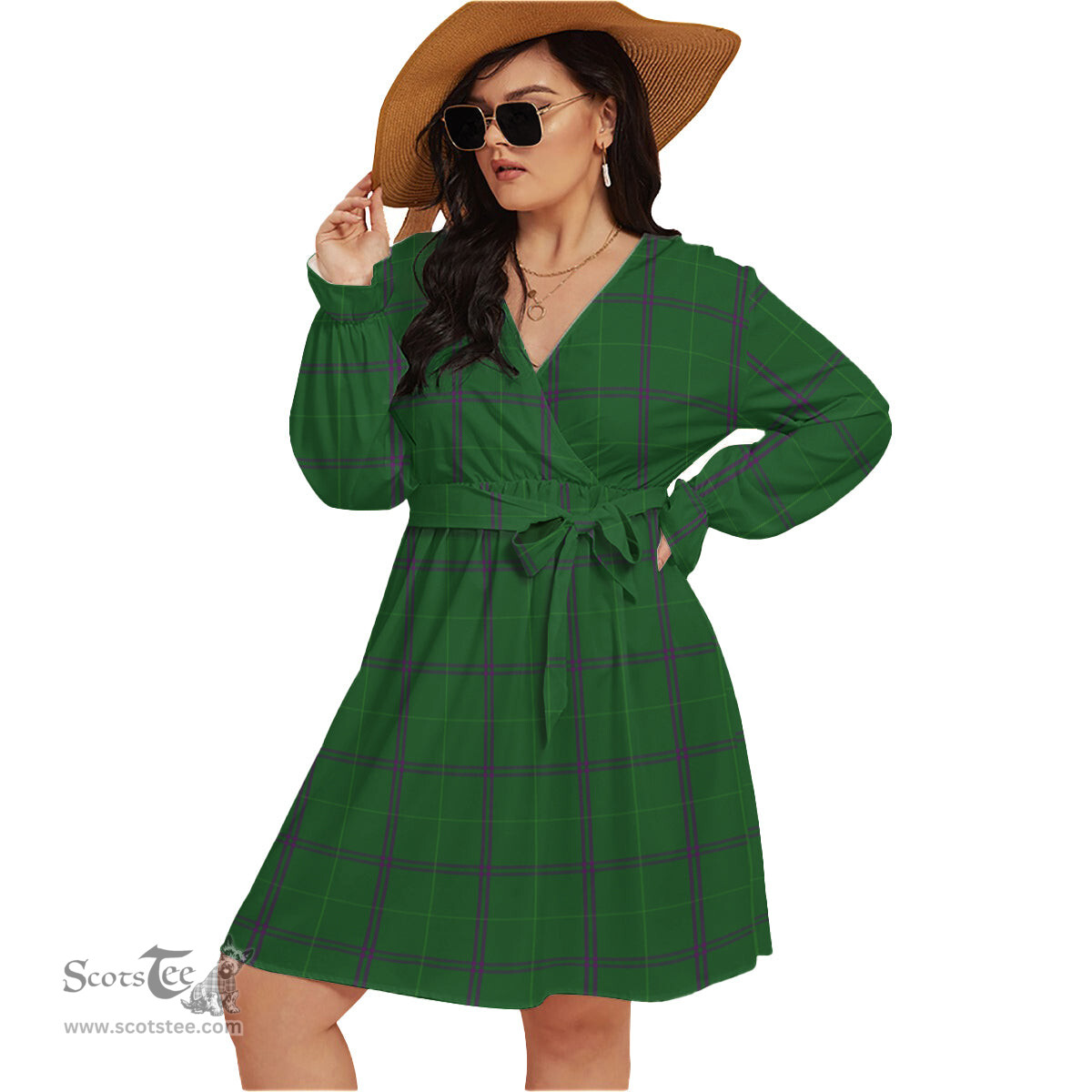 Scottish Walters Clan Tartan Womens V-neck Dress With Waistband Tartan Dress Plus Size