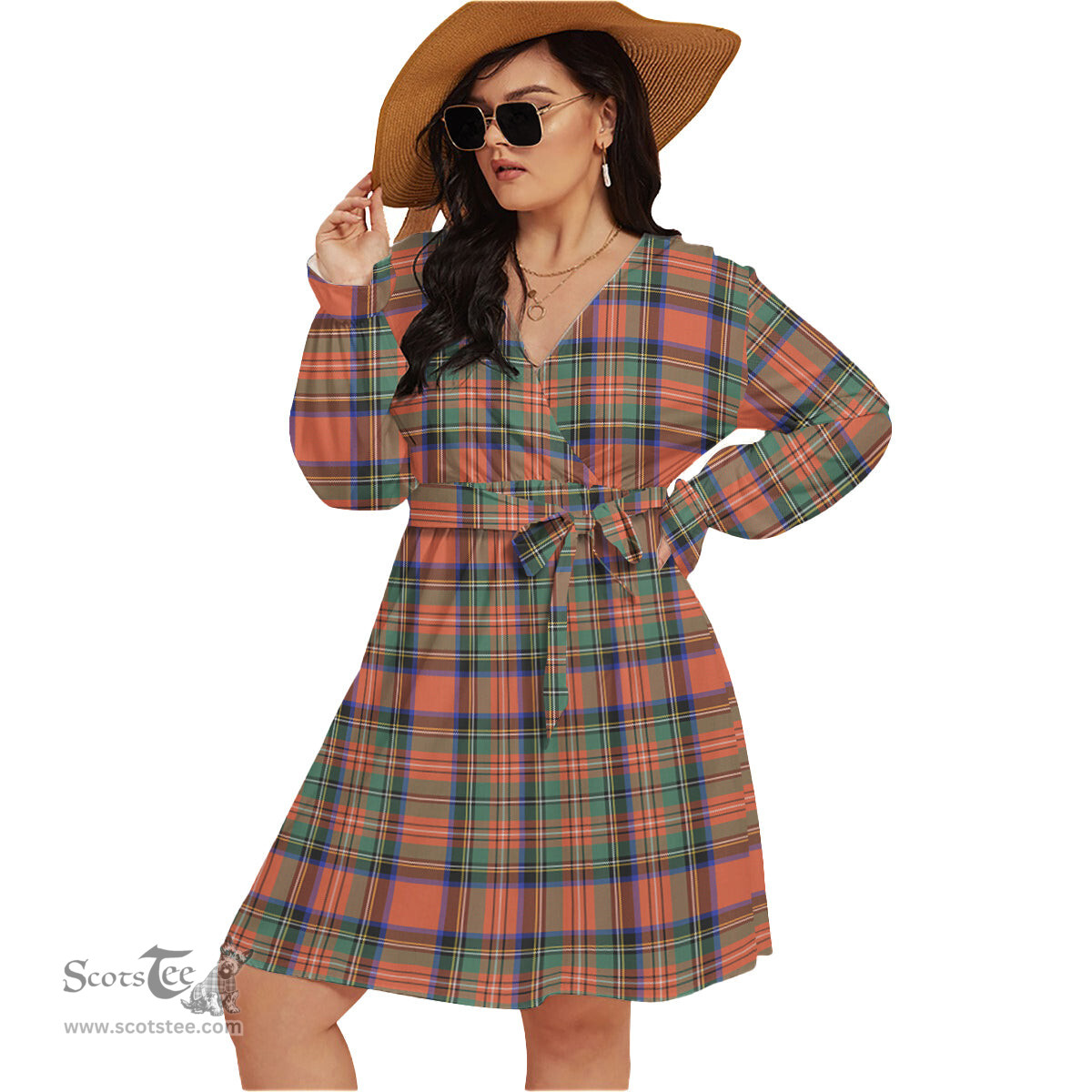 Scottish Stewart Royal Ancient Clan Tartan Womens V-neck Dress With Waistband Tartan Dress Plus Size