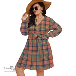Scottish Stewart Royal Ancient Clan Tartan Womens V-neck Dress With Waistband Tartan Dress Plus Size