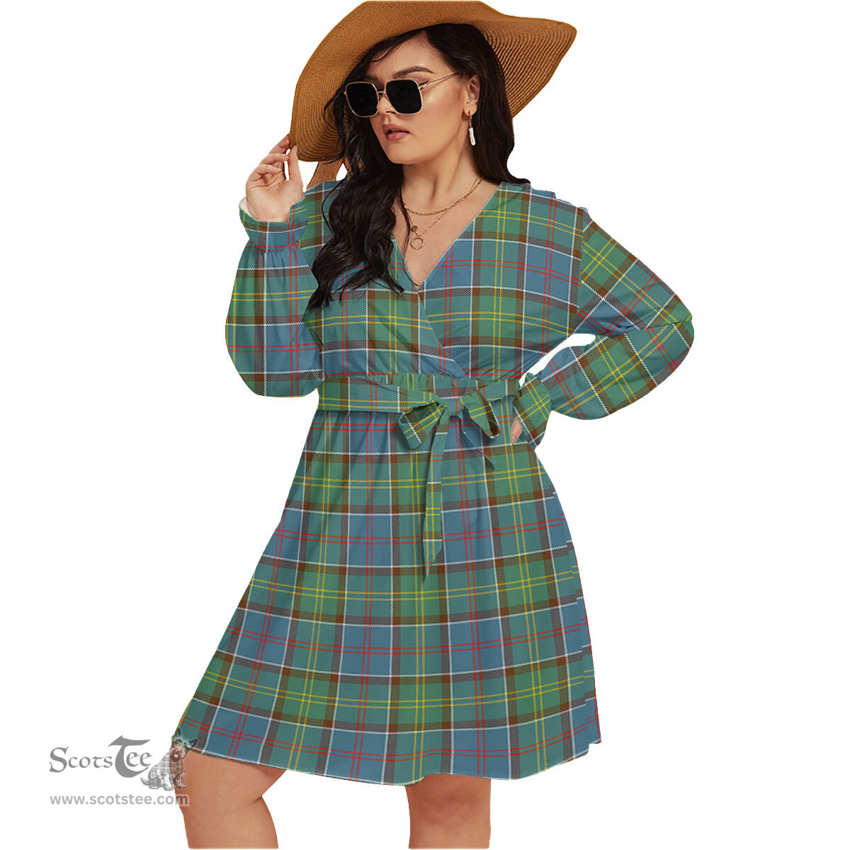 Scottish Whitelaw Clan Tartan Womens V-neck Dress With Waistband Tartan Dress Plus Size