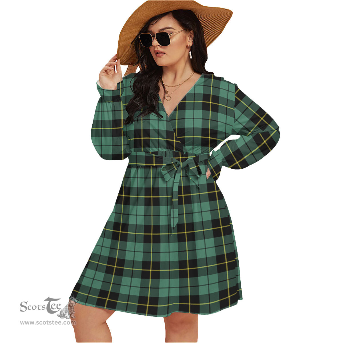 Scottish Wallace Hunting Ancient Clan Tartan Womens V-neck Dress With Waistband Tartan Dress Plus Size