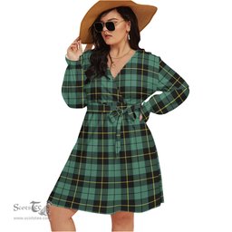 Scottish Wallace Hunting Ancient Clan Tartan Womens V-neck Dress With Waistband Tartan Dress Plus Size