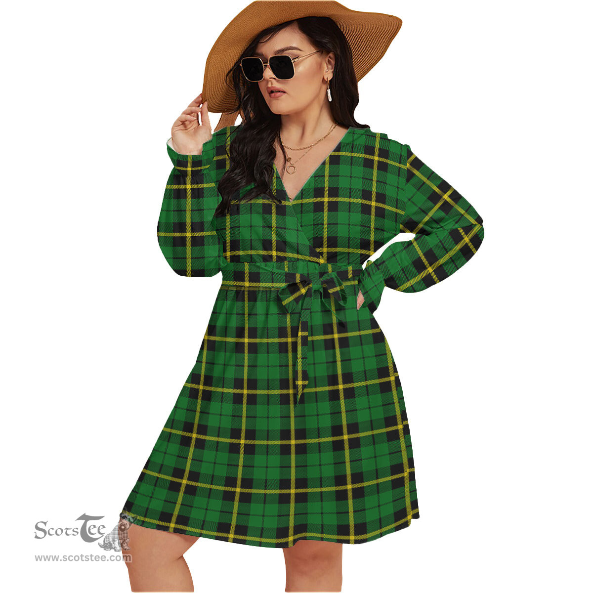 Scottish Wallace Hunting Green Clan Tartan Womens V-neck Dress With Waistband Tartan Dress Plus Size