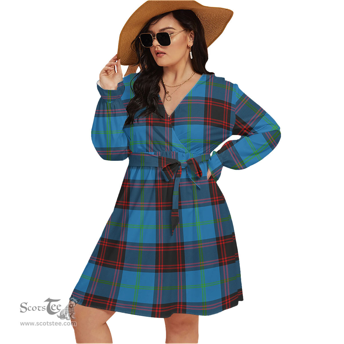 Scottish Wedderburn Clan Tartan Womens V-neck Dress With Waistband Tartan Dress Plus Size
