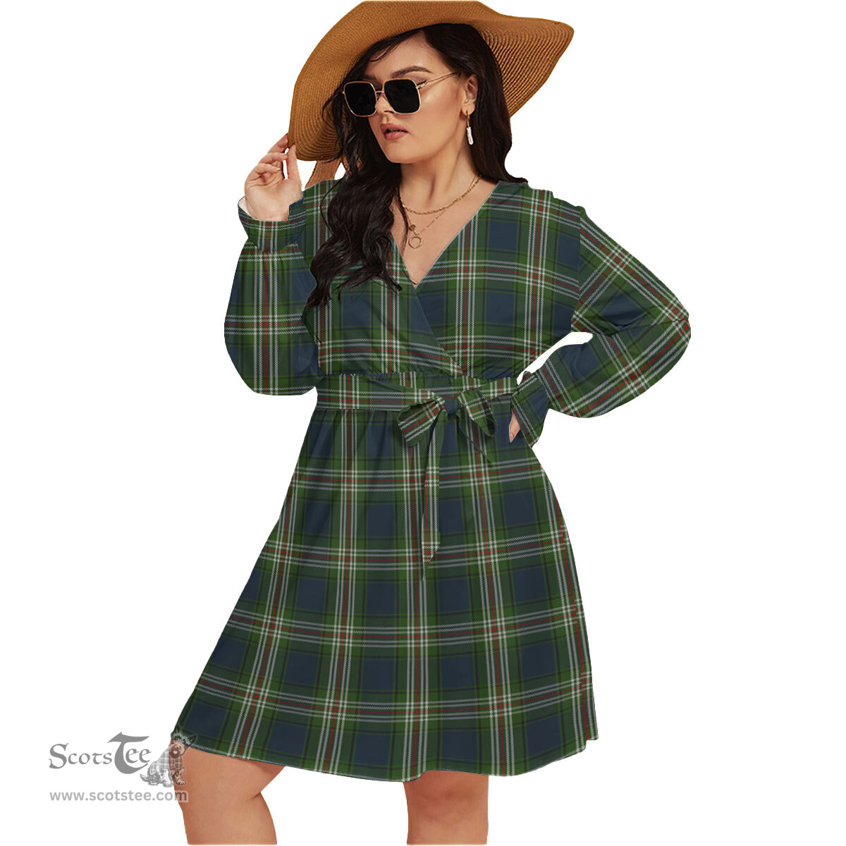 Scottish Todd Clan Tartan Womens V-neck Dress With Waistband Tartan Dress Plus Size