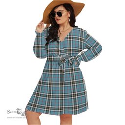 Scottish Thomson Clan Tartan Womens V-neck Dress With Waistband Tartan Dress Plus Size