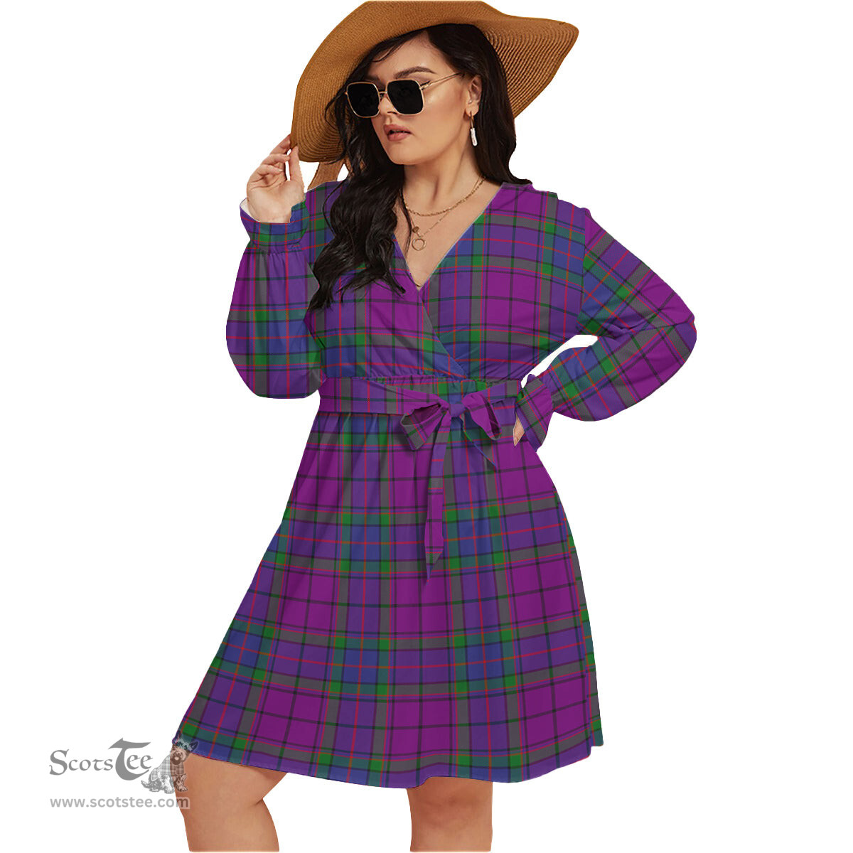 Scottish Wardlaw Modern Clan Tartan Womens V-neck Dress With Waistband Tartan Dress Plus Size