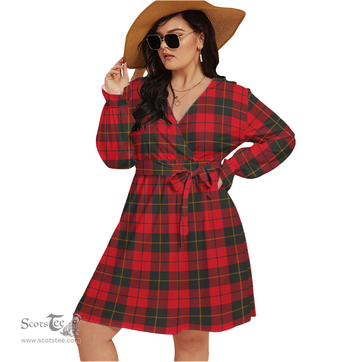Scottish Wallace Weathered Clan Tartan Womens V-neck Dress With Waistband Tartan Dress Plus Size