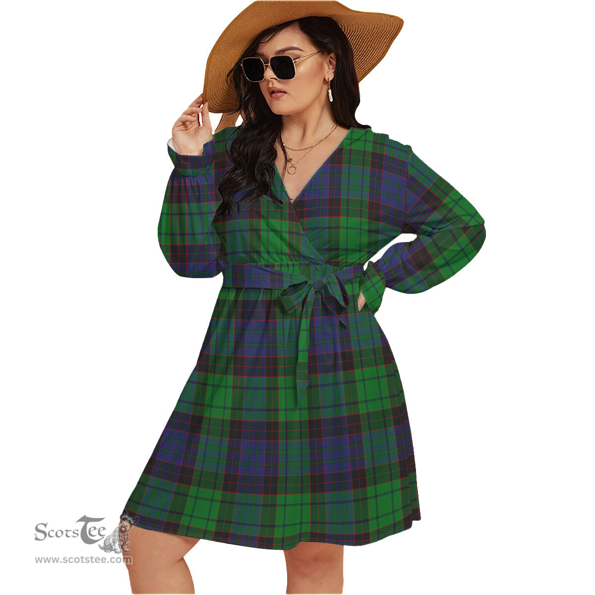 Scottish Stewart Old Modern Clan Tartan Womens V-neck Dress With Waistband Tartan Dress Plus Size