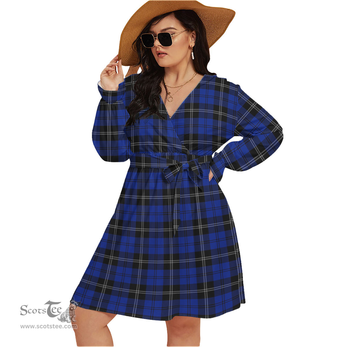 Scottish Swan Clan Tartan Womens V-neck Dress With Waistband Tartan Dress Plus Size