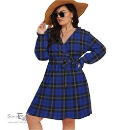 Scottish Swan Clan Tartan Womens V-neck Dress With Waistband Tartan Dress Plus Size