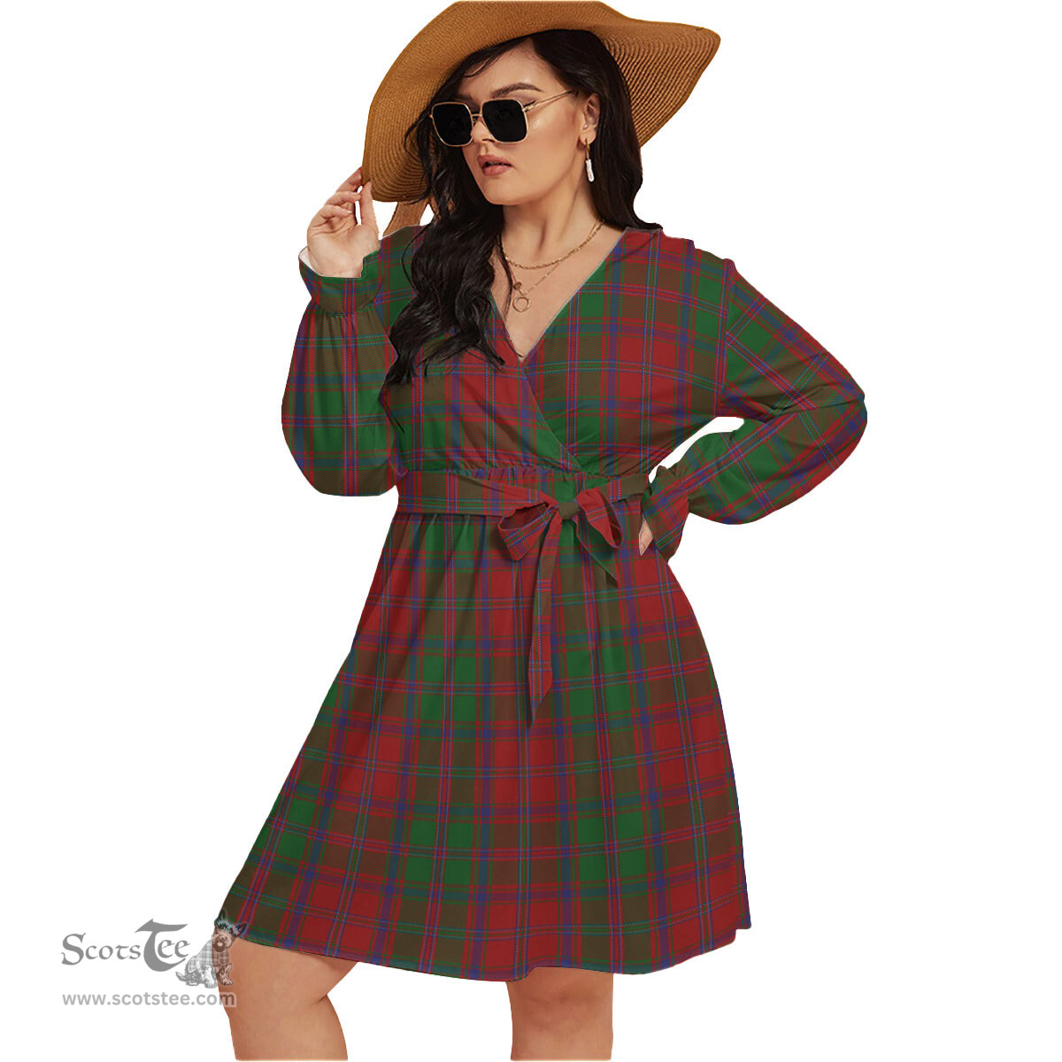 Scottish Stewart of Appin Clan Tartan Womens V-neck Dress With Waistband Tartan Dress Plus Size