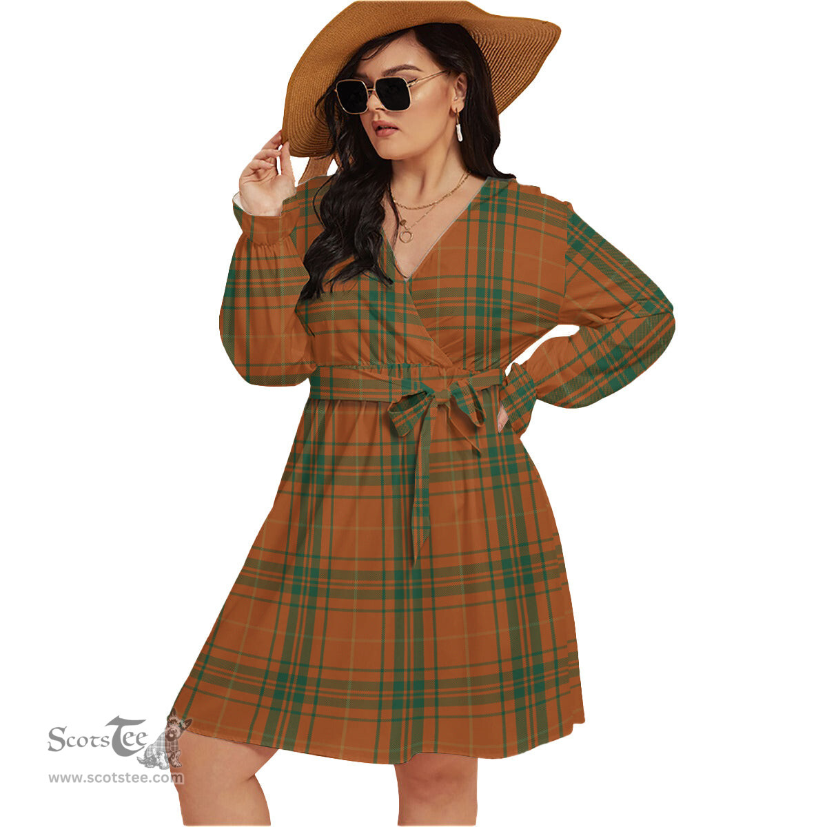 Scottish Wolfe Clan Tartan Womens V-neck Dress With Waistband Tartan Dress Plus Size