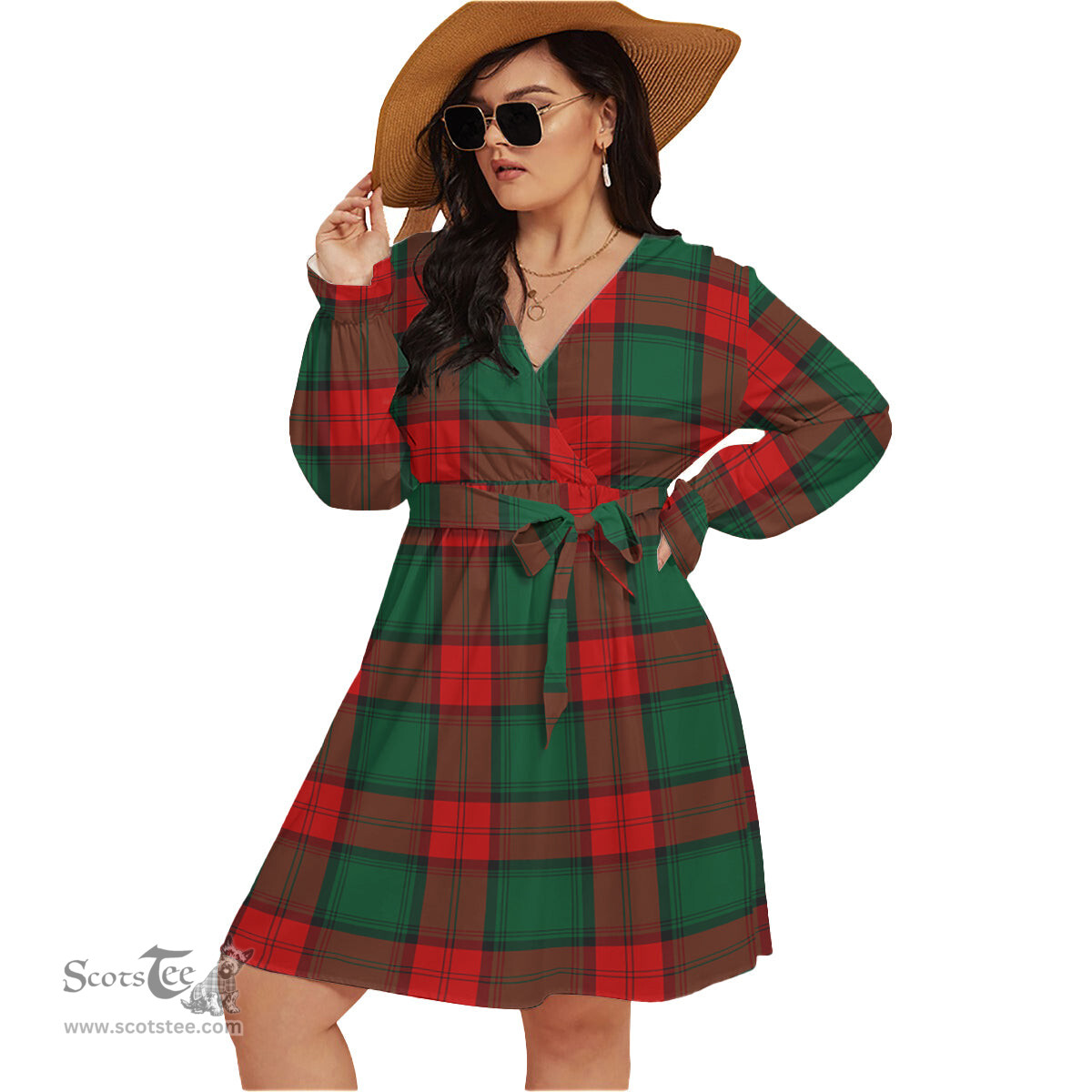 Scottish Stewart Atholl Modern Clan Tartan Womens V-neck Dress With Waistband Tartan Dress Plus Size