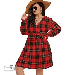Scottish Wallace Hunting Red Clan Tartan Womens V-neck Dress With Waistband Tartan Dress Plus Size