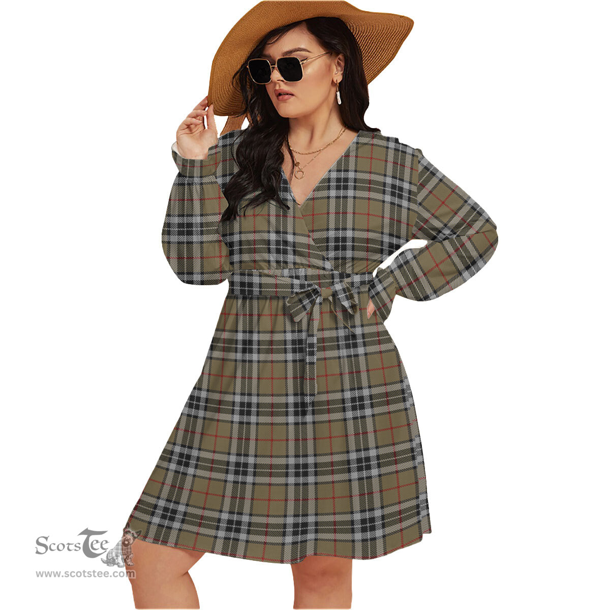 Scottish Thomson Camel Clan Tartan Womens V-neck Dress With Waistband Tartan Dress Plus Size
