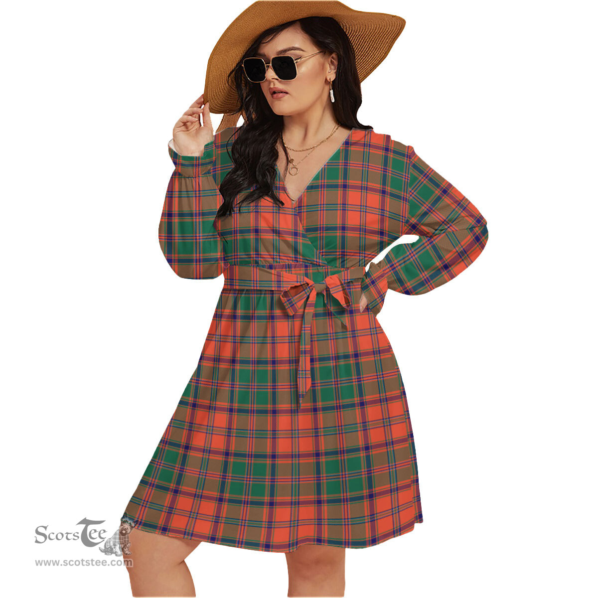 Scottish Stewart of Appin Ancient Clan Tartan Womens V-neck Dress With Waistband Tartan Dress Plus Size