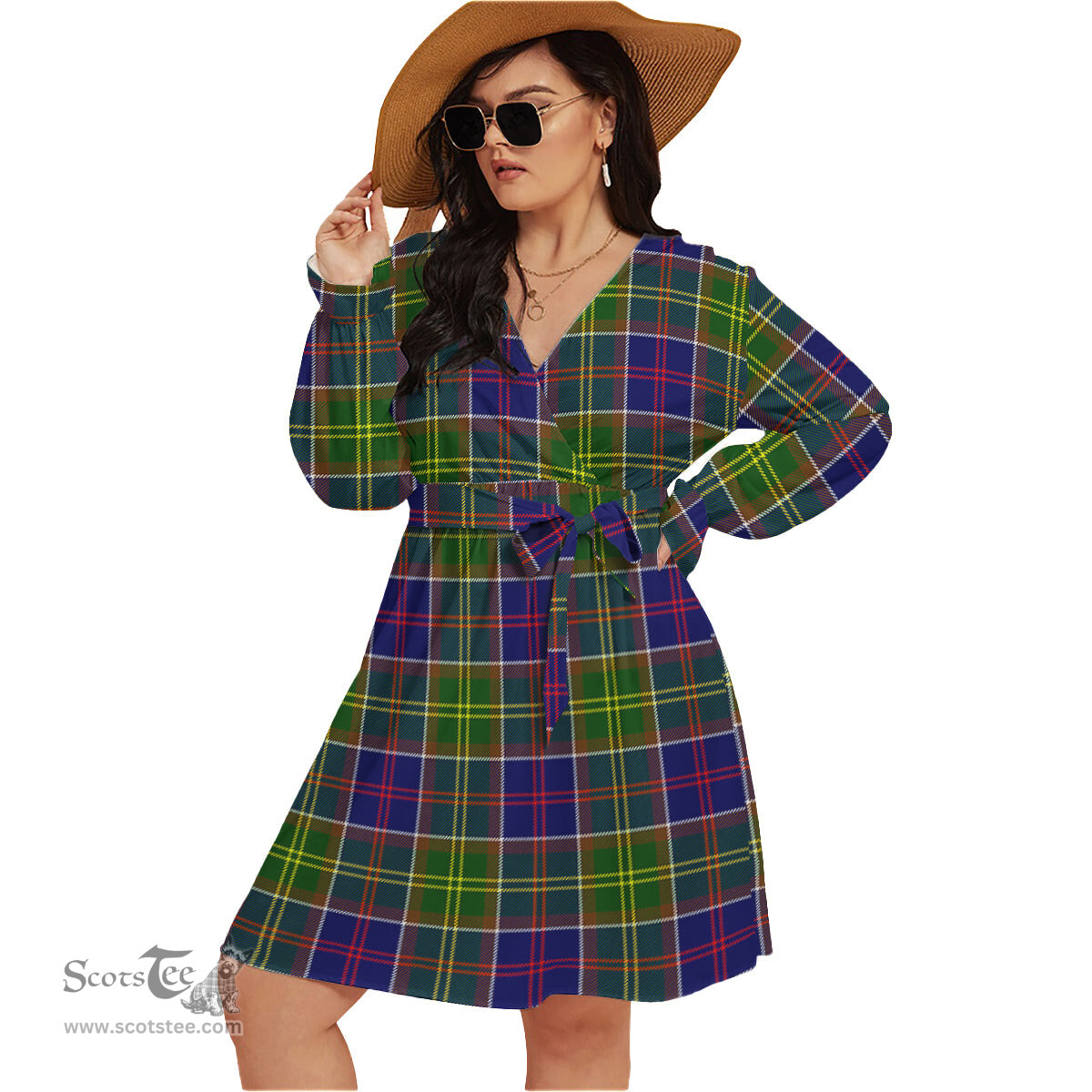 Scottish Whitefoord modern Clan Tartan Womens V-neck Dress With Waistband Tartan Dress Plus Size
