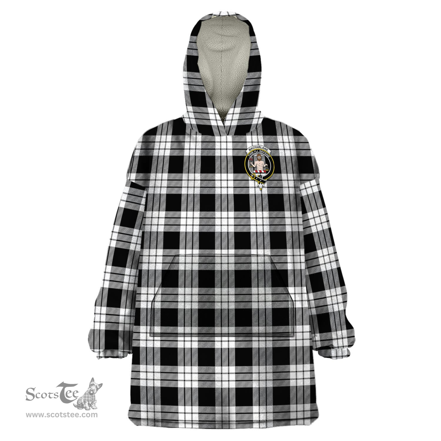 Scottish MacFarlane Black White Clan Family Crest Tartan Snuggie Hoodie Plaid Wearable Blanket Hoodie
