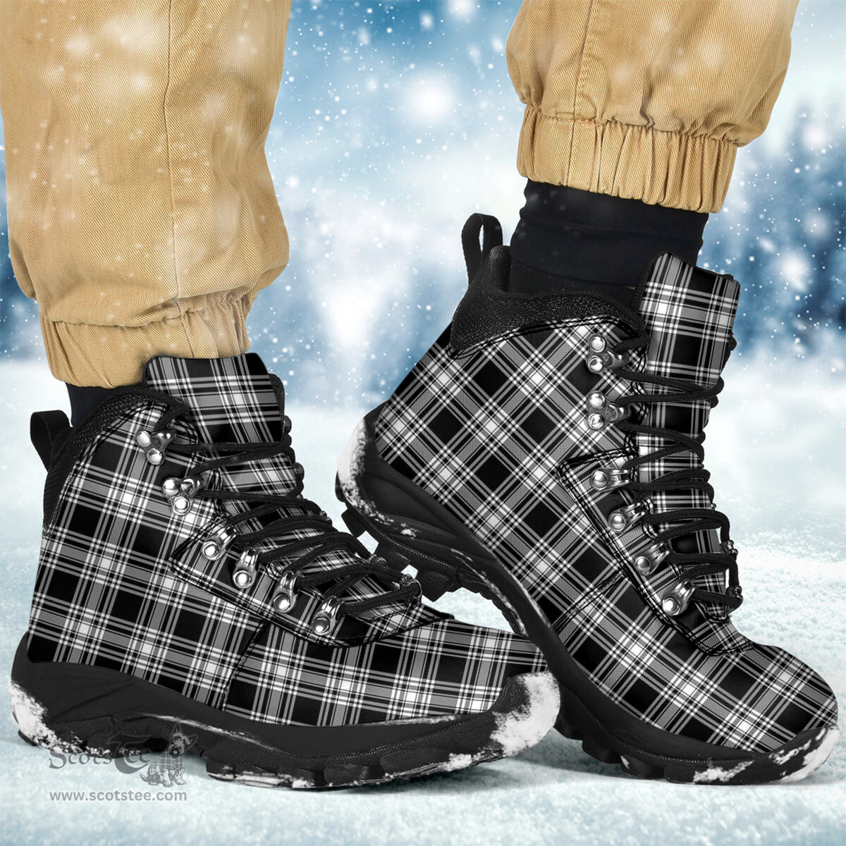 Scottish Menzies Black and White Clan Tartan Alpine Boots