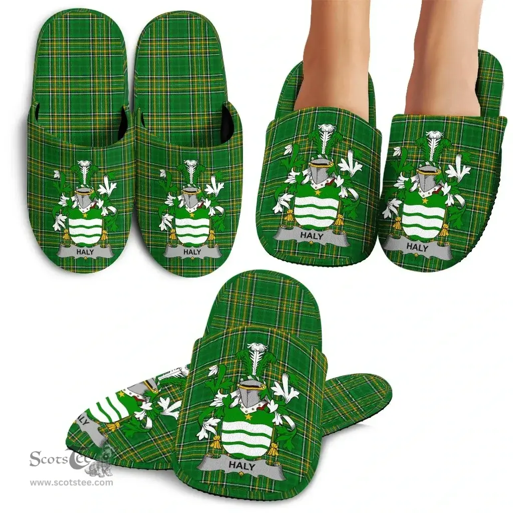 Irish Haly or O'Haly Coat of Arms Family Crest Ireland House Slippers Irish National Tartan Irish County Slippers