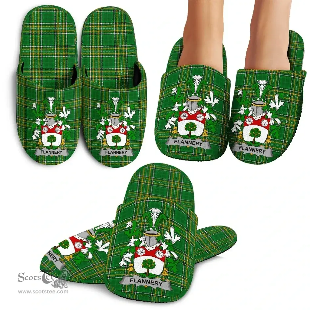 Irish Flannery or O'Flannery Coat of Arms Family Crest Ireland House Slippers Irish National Tartan Irish County Slippers