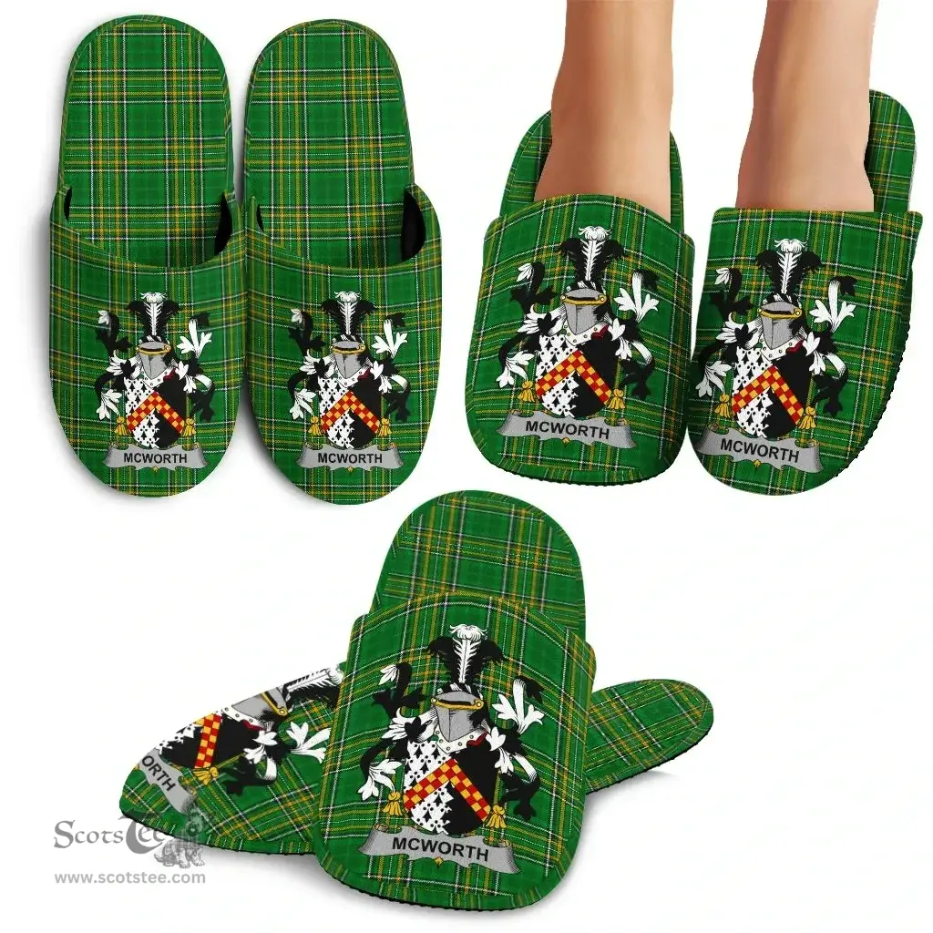 Irish McWorth or MacWorth Coat of Arms Family Crest Ireland House Slippers Irish National Tartan Irish County Slippers