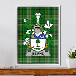 Irish Beirne or O'Beirne Coat of Arms Family Crest Ireland Framed Canvas Print Irish National Tartan