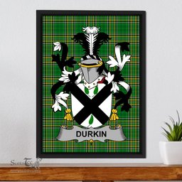 Irish Durkin or O'Durkin Coat of Arms Family Crest Ireland Framed Canvas Print Irish National Tartan