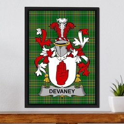 Irish Devaney or O'Devaney Coat of Arms Family Crest Ireland Framed Canvas Print Irish National Tartan