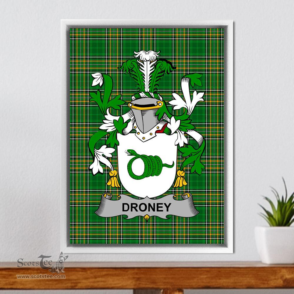 Irish Droney or O'Droney Coat of Arms Family Crest Ireland Framed Canvas Print Irish National Tartan