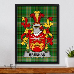 Irish Brennan or O'Brennan Coat of Arms Family Crest Ireland Framed Canvas Print Irish National Tartan