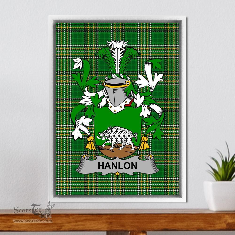 Irish Hanlon or O'Hanlon Coat of Arms Family Crest Ireland Framed Canvas Print Irish National Tartan