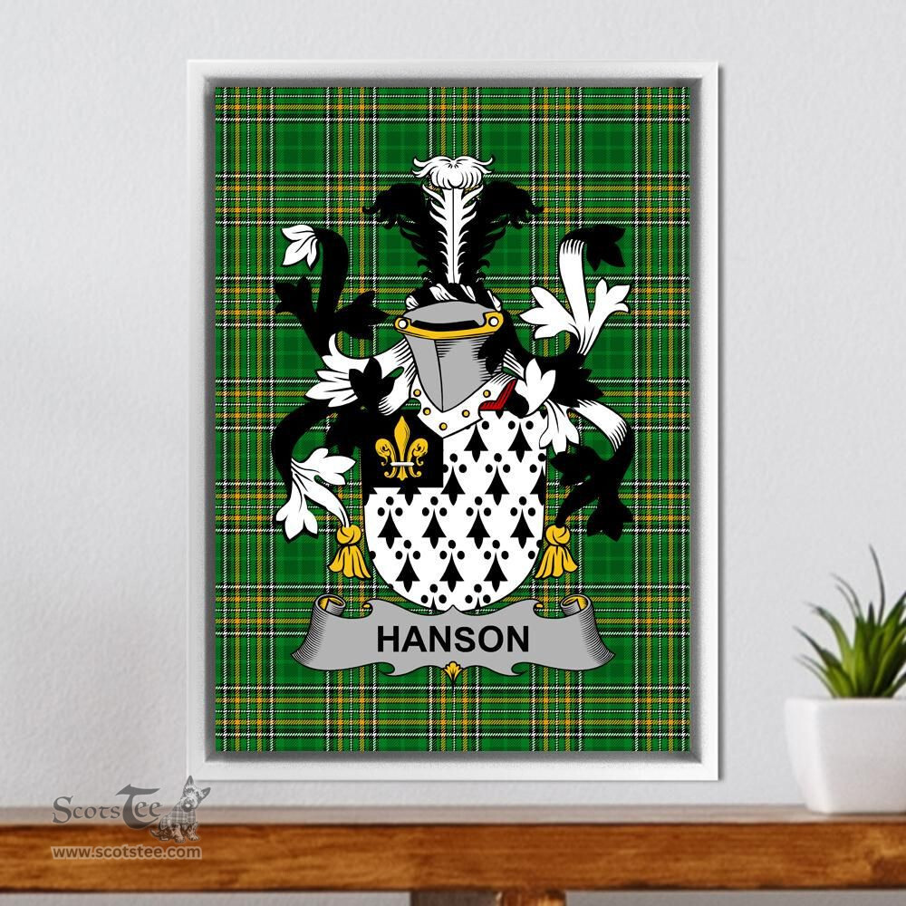 Irish Hanson or O'Hanson Coat of Arms Family Crest Ireland Framed Canvas Print Irish National Tartan