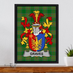 Irish Graves or Greaves Coat of Arms Family Crest Ireland Framed Canvas Print Irish National Tartan