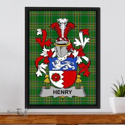 Irish Henry or O'Henry Coat of Arms Family Crest Ireland Framed Canvas Print Irish National Tartan