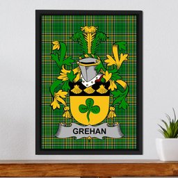 Irish Grehan or O'Greaghan Coat of Arms Family Crest Ireland Framed Canvas Print Irish National Tartan