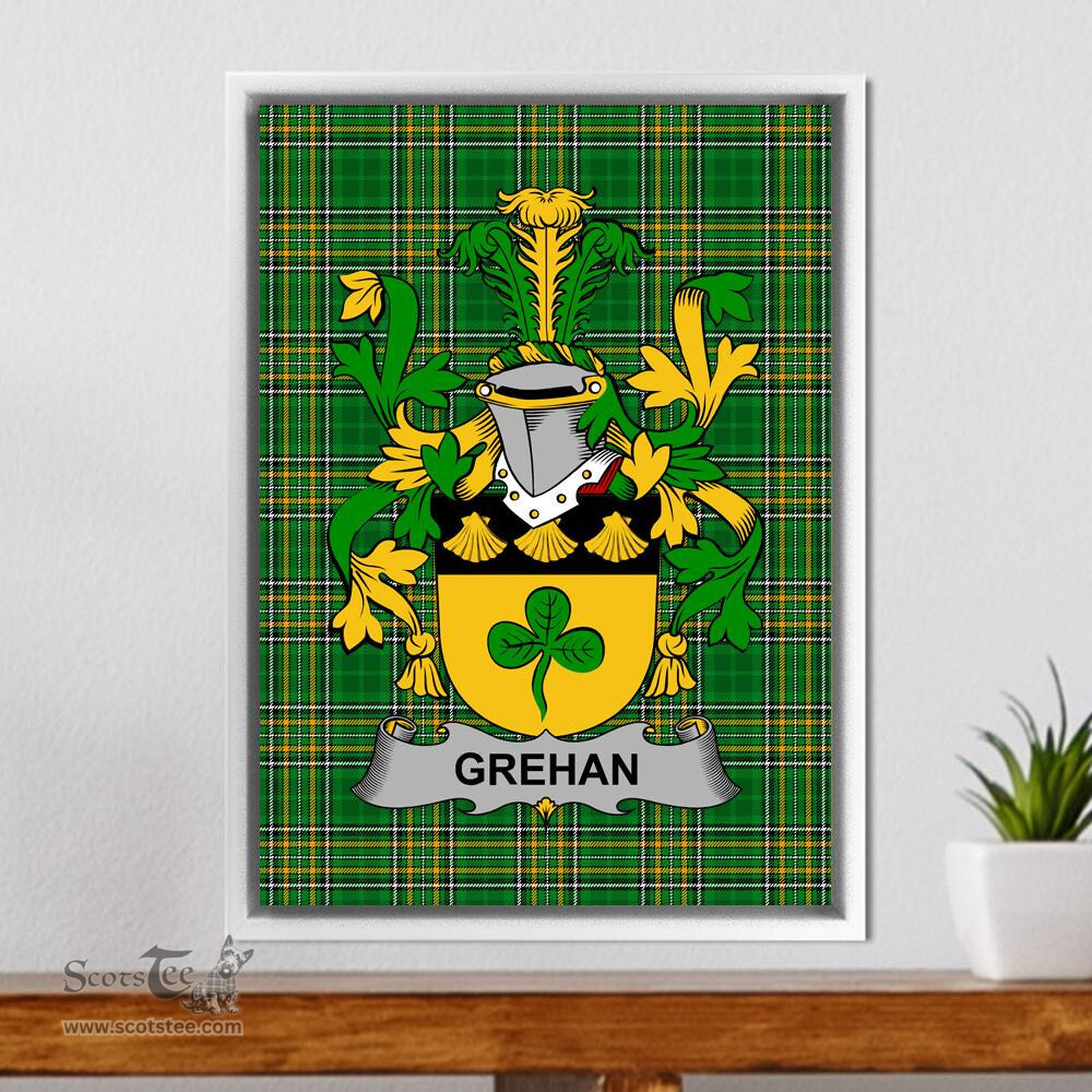 Irish Grehan or O'Greaghan Coat of Arms Family Crest Ireland Framed Canvas Print Irish National Tartan