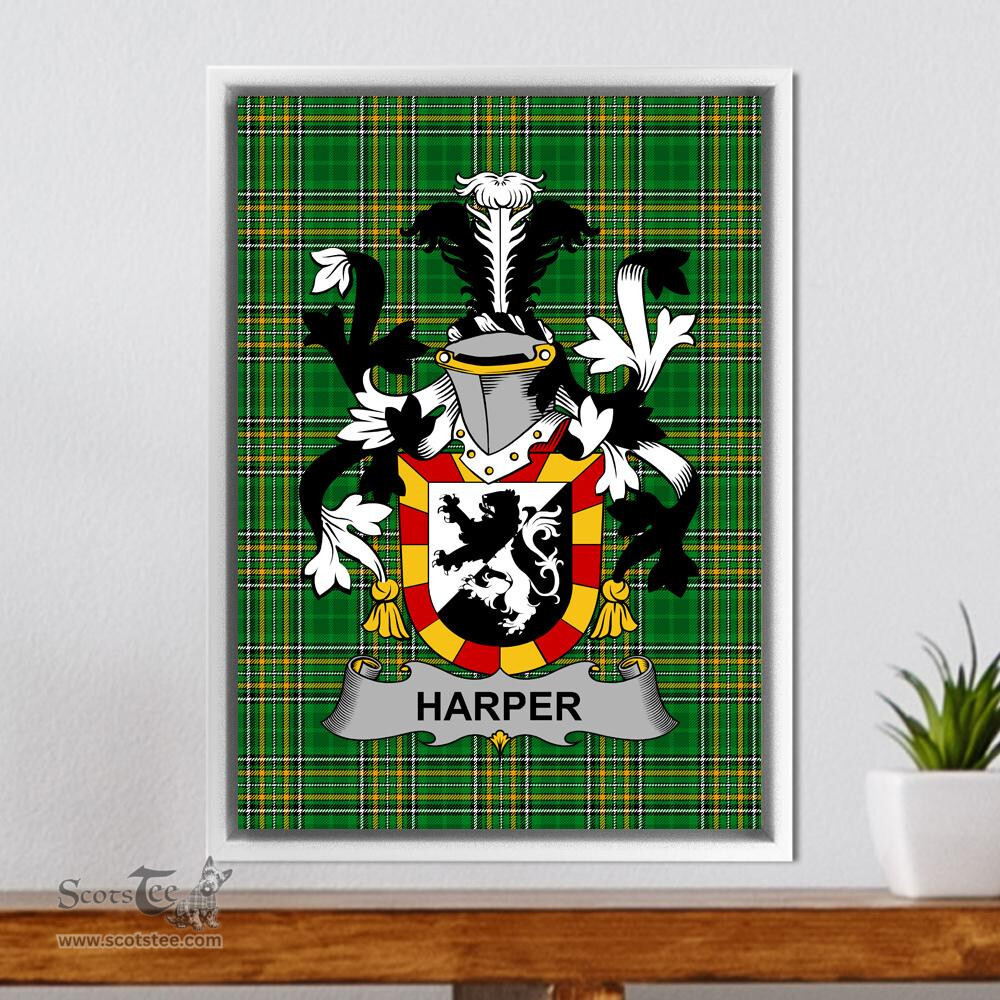 Irish Harper Coat of Arms Family Crest Ireland Framed Canvas Print Irish National Tartan