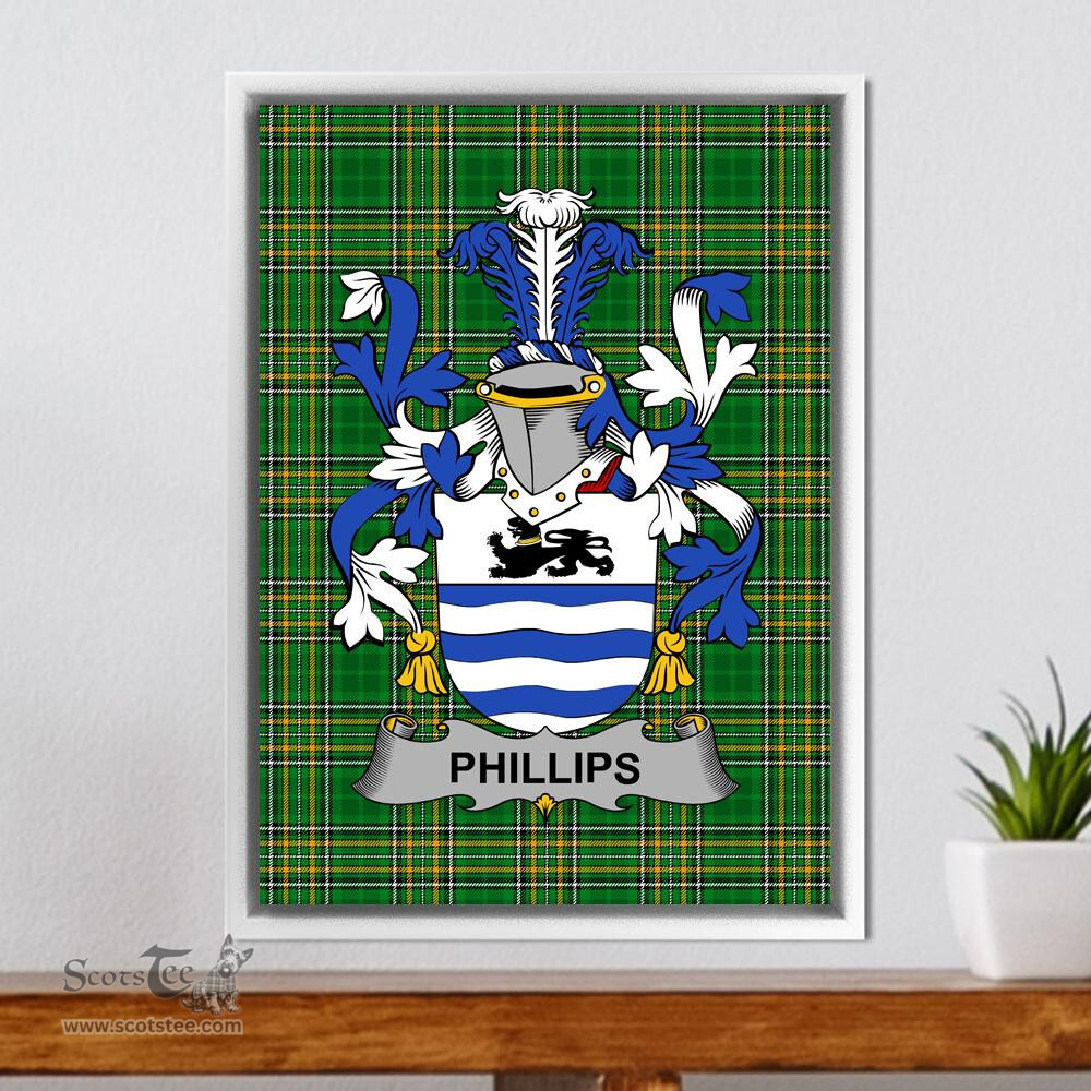 Irish Phillips Coat of Arms Family Crest Ireland Framed Canvas Print Irish National Tartan